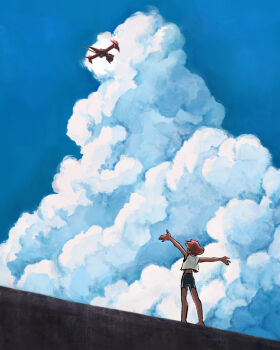 Rule 34 | absurdres, bike shorts, blue sky, cloud, cloudy sky, cowboy bebop, dark-skinned female, dark skin, edward wong hau pepelu tivrusky iv, highres, jasudraws, orange hair, outstretched arms, scenery, science fiction, sky, spread arms, swordfish ii, tomboy