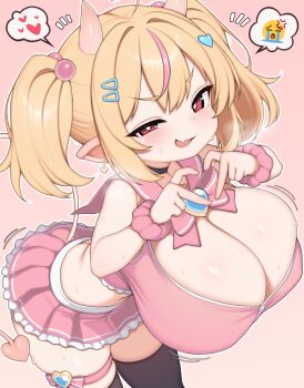1girl absurdres black_choker black_thighhighs blonde_hair bow breasts bright_pupils choker cleavage crop_top demon_girl demon_tail earrings fang hair_bobbles hair_ornament hairclip heart heart_earrings heart_hair_ornament heart_hands highres horns huge_breasts jewelry looking_at_viewer meme mesugaki microskirt multicolored_hair oppai_loli original pink_background pink_bow pink_hair pink_scrunchie pink_shirt pink_skirt pointy_ears red_eyes sailor_collar scrunchie shirt simple_background skin_fang skirt smile solo streaked_hair sweat tail thigh_strap thighhighs twintails type_moll uneven_eyes uohhhhhhhhh!_(meme) wrist_scrunchie