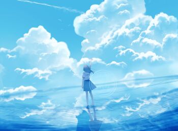 1girl absurdres arm_at_side barefoot blue_skirt blue_sky blue_theme cloud cloudy_sky commentary_request detached_sleeves facing_away flower from_behind full_body grey_hair highres horizon long_hair ocean original pleated_skirt reflection reflective_liquid school_uniform serafuku shion_08 shirt short_sleeves simple_bird skirt sky solo standing summer summer_uniform water watermark white_shirt