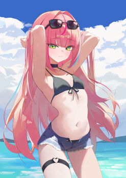 1girl armpits arms_behind_head arms_up bare_arms bare_shoulders bikini black_bikini black_choker blue_shorts breasts choker closed_mouth commentary_request cowboy_shot cutoffs denim denim_shorts eyewear_on_head front-tie_bikini_top front-tie_top green_eyes hanako_nana heart heart_o-ring highres korean_commentary long_hair looking_at_viewer multicolored_hair navel o-ring open_fly pink_hair rahwol177 short_shorts shorts small_breasts solo stellive stomach streaked_hair string_bikini sunglasses swimsuit thigh_strap thighs very_long_hair virtual_youtuber