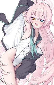 1girl @_@ alternate_costume armpits black_jacket blue_archive blue_eyes blush commentary fang halo heterochromia highres hoshino_(blue_archive) jacket korean_commentary long_hair looking_at_viewer metaljelly open_mouth pink_hair pink_halo shirt simple_background solo very_long_hair white_background white_shirt yellow_eyes