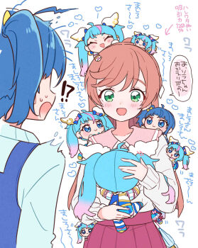 Rule 34 | !?, 2girls, ahoge, blue bow, blue overalls, blue sweater, bow, casual, character doll, collared sweater, commentary, doll, doll on head, doll on shoulder, frown, green eyes, hair bow, hair bun, hair ribbon, highres, hirogaru sky! precure, holding, holding doll, izumi kirifu, long hair, long sleeves, looking at another, medium hair, mirage pen, motion lines, multiple girls, nijigaoka mashiro, open mouth, overalls, pink hair, pink sweater, pleated skirt, precure, purple skirt, ribbon, side ponytail, single hair bun, skirt, smile, sora harewataru, standing, sweatdrop, sweater, translated, trembling, white ribbon