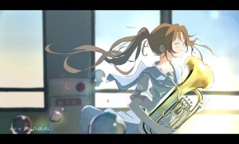 1girl aqua_neckerchief blue_sailor_collar blue_skirt blush brown_hair closed_eyes collarbone dated euphonium from_side grin hibike!_euphonium highres holding holding_instrument indoors instrument kitauji_high_school_uniform lens_flare letterboxed long_hair muzf8324 nakagawa_natsuki neckerchief pleated_skirt ponytail profile sailor_collar school_uniform shirt short_sleeves signature skirt smile solo summer_uniform sweat white_shirt window