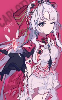 1girl absurdres aqua_eyes artist_name black_gloves bow breasts carlotta_(wuthering_waves) character_name closed_mouth commentary cowboy_shot crystal dated dress gloves hair_bow hairband hand_up highres jacket laofagun looking_at_viewer pink_background pink_bow pink_hairband pink_jacket small_breasts smile solo striped_bow thighs white_dress wuthering_waves