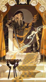 1boy absurdres armored_boots black_choker black_robe black_veil boots chalice check_copyright chinese_commentary choker circlet commentary_request copyright_request covered_eyes cup curtains expressionless fire full_body gold_circlet gold_ring grey_boots highres holding holding_cup indoors jewelry light_particles long_hair long_sleeves male_focus mechanical_arms multiple_rings original qian_jiang_yue_de_li_ji ring robe shawl sidelocks single_mechanical_arm sitting sitting_on_throne solo stairs throne throne_room torch veil watermark weibo_watermark white_hair wide_sleeves yellow_shawl