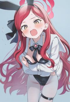 1girl ai-assisted animal_ears black_leotard blue_archive blush breasts commentary halo highres leotard long_hair medium_breasts open_mouth pantyhose playboy_bunny poki_(j0ch3fvj6nd) rabbit_ears red_hair solo takane_(blue_archive) yellow_eyes