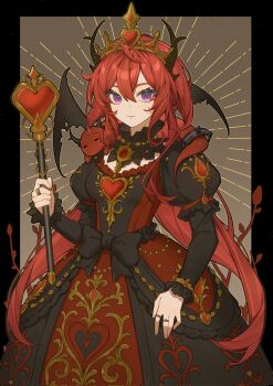 1girl alice&#039;s_adventures_in_wonderland alternate_costume animal animal_around_neck animal_on_shoulder arknights black_dress black_horns black_ribbon closed_mouth commentary_request cosplay cowboy_shot crown dress expressionless hair_between_eyes heart_scepter highres holding holding_scepter horns jewelry long_hair long_sleeves looking_at_viewer multicolored_dress puffy_sleeves purple_eyes queen_of_hearts_(alice_in_wonderland) queen_of_hearts_(alice_in_wonderland)_(cosplay) red_dress red_hair ribbon ring scepter solo surtr_(arknights) torn_wings wings yellow_dress yixiaoyi