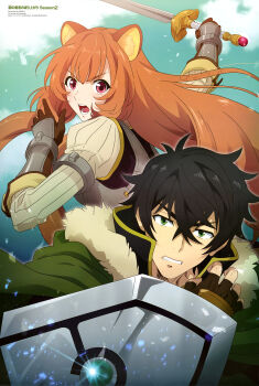 1boy 1girl absurdres animal_ears arm_shield armor artist_name artist_request black_dress black_hair blue_sky blunt_bangs breastplate brown_gloves clenched_teeth cloak cloud cloudy_sky collared_shirt copyright_name double-parted_bangs dress elbow_gloves english_text fingerless_gloves fur-trimmed_collar fur_trim gloves green_cloak green_eyes grey_armor grey_gloves hair_between_eyes hand_up high_collar highres holding holding_shield holding_sword holding_weapon attacking_viewer iwatani_naofumi layered_dress legendary_shield_(small_shield)_(tate_no_yuusha_no_nariagari) legendary_shield_(tate_no_yuusha_no_nariagari) light_particles long_hair long_sleeves messy_hair metal_arm_cuffs metal_wrist_cuffs mixed-language_text multicolored_gloves newtype official_art open_mouth orange_hair pink_eyes pinstripe_dress pinstripe_pattern raccoon_ears raccoon_girl raphtalia scan shield shirt short_hair sky sleeveless sleeveless_dress straight_hair sword tate_no_yuusha_no_nariagari teeth third-party_source translation_request two-tone_gloves v-shaped_eyebrows weapon white_dress yellow_trim
