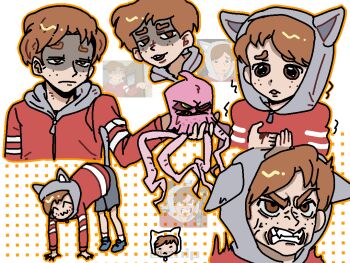 1boy animal_ear_hood animal_hood ben_freeling brown_hair cat_hood chinese_commentary commentary_request creature fake_animal_ears haunted_hotel hood jacket male_focus multiple_views noecho red_jacket reference_inset shaded_face short_hair white_background