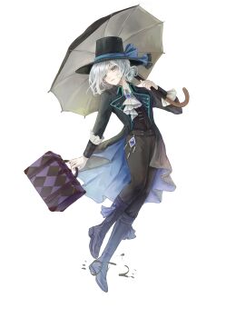 1girl absurdres apron black_boots black_coat black_hat black_pants black_umbrella black_vest blue_bow boots bow coat collared_shirt full_body grey_eyes grey_hair hair_bun hat hat_bow highres holding holding_suitcase holding_umbrella looking_at_viewer pants pants_tucked_in reverse:1999 shirt short_hair single_side_bun solo suitcase top_hat umbrella umbrella_over_shoulder vertin_(reverse:1999) vest waistcoat white_apron white_background white_shirt yangtong_:d~~