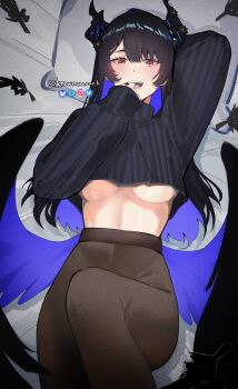 1girl absurdres asymmetrical_horns bed_sheet black_hair black_sweater black_wings blue_hair breasts colored_inner_hair commentary_request cropped_sweater demon_horns feathered_wings feathers flower head_on_pillow highres hololive hololive_english horn_flower horns knee_up knowname large_breasts long_hair long_sleeves looking_at_viewer low_wings lying mole mole_under_eye multicolored_hair nerissa_ravencroft no_pants on_back open_mouth pantyhose pillow purple_eyes sleeves_past_wrists slit_pupils solo sweater turtleneck turtleneck_sweater underboob uneven_horns virtual_youtuber wings