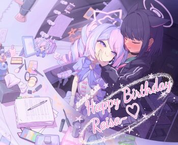 2girls ahoge animal_ears black_choker black_hair black_hoodie blue_archive blue_bow blue_dress blue_hair blue_shirt blush bow cat_ears cat_girl cellphone character_doll chest_bow choker closed_eyes dated doll dress drill_hair english_text gloves halo hands_on_another's_cheeks hands_on_another's_face happy_birthday highres hoo231013 hood hoodie kazusa_(blue_archive) long_hair looking_at_another magical_girl makeup multicolored_hair multiple_girls official_alternate_costume open_mouth paper_stack pen phone photo_(object) pink_hair pink_halo puffy_short_sleeves puffy_sleeves purple_eyes reisa_(blue_archive) reisa_(magical)_(blue_archive) shirt short_sleeves skirt smartphone smile socks star_(symbol) star_halo striped_clothes twin_drills twintails unworn_socks white_gloves white_skirt yuri