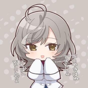 Rule 34 | 1girl, :d, ahoge, assault lily, blue skirt, blush, chibi, commentary request, frilled skirt, frills, grey background, grey hair, hands up, herensuge girls academy school uniform, highres, jacket, long hair, long sleeves, looking at viewer, multicolored hair, open mouth, oversized clothes, polka dot, polka dot background, ponokaijo, sasaki ran, school uniform, skirt, sleeves past fingers, sleeves past wrists, smile, solo, standing, streaked hair, translation request, twitter username, upper body, white jacket, yellow eyes