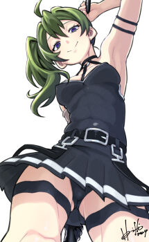 1girl armlet armpits artist_name bare_shoulders belt black_belt black_choker black_dress breasts cameltoe choker commentary_request dress duplicate green_hair hair_between_eyes highres holding hori_shin jewelry looking_at_viewer looking_down o-ring o-ring_choker pixel-perfect_duplicate pleated_dress presenting_armpit purple_eyes side_ponytail simple_background smile solo sousou_no_frieren standing thigh_strap thighs ubel_(sousou_no_frieren) upskirt white_background