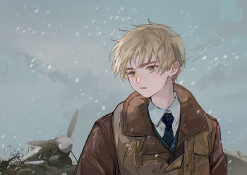 1boy absurdres aircraft airplane axis_powers_hetalia blonde_hair commentary cubed_(houkuaid) day english_commentary green_eyes grey_sky highres jacket male_focus necktie open_mouth outdoors shirt short_hair sky snowing solo thick_eyebrows united_kingdom_(hetalia) upper_body vest