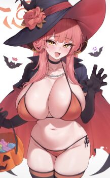 1girl aru_(blue_archive) bat_(animal) bikini black_cape black_choker black_gloves black_hat black_thighhighs blue_archive blush breasts brown_horns candy cape choker cleavage collarbone elbow_gloves fang flower food gloves groin halloween_bucket halo haruka_(blue_archive) hat hat_flower highres horns kuavera large_breasts long_hair looking_at_viewer low_horns mutsuki_(blue_archive) navel open_mouth orange_bikini pink_hair pink_halo purple_halo red_cape red_flower red_halo red_hat red_rose rose shirt simple_background skin_fang smile solo stomach sweatdrop swimsuit thighhighs thighs two-sided_cape two-sided_fabric two-tone_cape white_background witch_hat wrapped_candy yellow_eyes yellow_horns