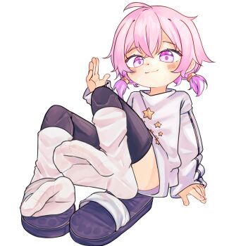 1girl ankle_strap black_thighhighs blush chaosexceed closed_mouth commentary english_commentary feet foot_focus full_body hand_up highres long_sleeves looking_at_viewer original paid_reward_available pink_eyes pink_hair sandals shirt short_hair short_twintails sitting socks socks_over_thighhighs soles solo thighhighs toes twintails white_background white_shirt white_socks