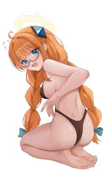 1girl ahoge ass back barefoot black_bra black_panties blue_archive blue_eyes blush bra braid breasts commentary_request fang glass halo highres large_breasts long_hair manjie open_mouth orange_hair panties seiza shimiko_(blue_archive) simple_background sitting skin_fang soles solo twin_braids underwear very_long_hair white_background yellow_halo