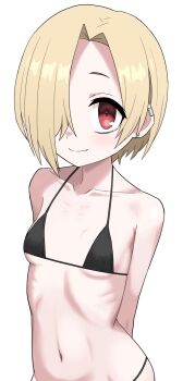 1girl arms_behind_back bare_shoulders bikini black_bikini blonde_hair breasts closed_mouth earclip hair_over_one_eye halulu highres idolmaster idolmaster_cinderella_girls loli looking_at_viewer navel one_eye_covered red_eyes ribs shirasaka_koume short_hair simple_background small_breasts smile solo stomach swimsuit tareme upper_body white_background