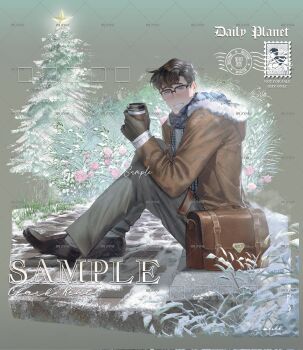 1boy artist_name bag black-framed_eyewear black_gloves black_hair blue_eyes clark_kent coat cup dc_comics disposable_coffee_cup disposable_cup english_text flower fur-trimmed_hood fur_trim glasses gloves grass grey_pants highres hood illuzyne male_focus mixed-language_commentary multilingual_commentary my_adventures_with_superman pants pine_tree pink_flower pink_rose postage_stamp rose sample_watermark scarf shoulder_bag sitting smile snow superman_(series) superman_logo tree watermark