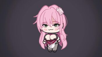 ahegao animated apron arms_behind_head black_background black_pantyhose blush_stickers breasts chibi cleavage closed_mouth dancing flower flower_on_head goddess_of_victory:_nikke green_eyes hair_ornament igloo1833 large_breasts long_hair looking_at_viewer mole mole_on_breast mole_under_eye naughty_face one_eye_closed open_mouth pantyhose pasties pink_hair smile sound tagme tongue tongue_out velvet_(nikke) video wink