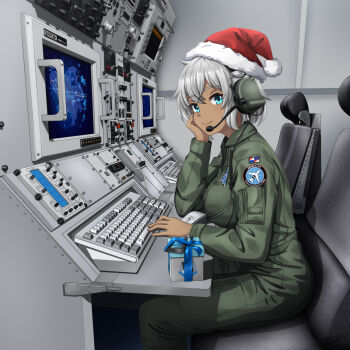 1girl ace_combat ace_combat_04 airplane_interior awacs blue_eyes blue_ribbon bodysuit box chair christmas commentary commission computer_keyboard computer_mouse dark-skinned_female dark_skin e-767 emblem english_commentary fingernails flag_patch fur-trimmed_headwear fur_trim gift gift_box green_bodysuit grey_hair hand_on_own_cheek hand_on_own_face hat headset highres isaf logo long_sleeves map military mobius_strip original patch product_placement red_hat ribbon santa_hat screen short_hair signature sitting smile upper_body vehicle_interior zero_(73ro)
