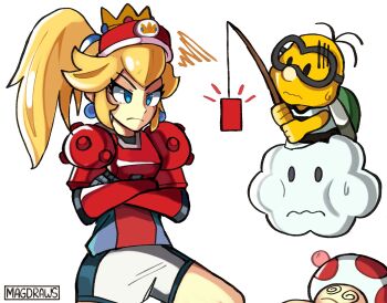 1girl @_@ angry armor artist_name black_eyes black_shorts blonde_hair blue_earrings blue_eyes blue_shirt breastplate card cloud cowboy_shot crown crown_(symbol) eyelashes fishing_line fishing_rod frown gauntlets goggles green_shell hair_strand hair_tie hat head_bump high_ponytail highres holding holding_fishing_rod k.o. knee_up lakitu mag_(magdraws) mario_(series) mario_strikers:_battle_league mario_strikers_(series) medium_hair nintendo nose notice_lines pauldrons ponytail princess_peach red_shirt shirt shorts shoulder_armor simple_background solo squiggle standing sweatdrop thighs thong toad_(mario) twisted_neck v-shaped_eyebrows v-shaped_eyes wavy_mouth white_background white_shorts