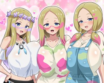 1girl absurdres alternate_costume alternate_hairstyle bare_shoulders blonde_hair blue_eyes breast_press breasts crop_top facepaint flower heart heart-shaped_pupils highres hitokiwa_kenchin huge_breasts midriff mina_(pokemon) mina_(sygna_suit)_(pokemon) multicolored_hair navel nintendo official_alternate_costume official_alternate_hairstyle overalls paint pokemon pokemon_lgpe pokemon_masters_ex pokemon_sm purple_flower symbol-shaped_pupils symmetrical_docking two-tone_hair