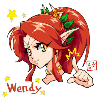 1girl artist_name blush_stickers character_name earrings english_text gem gold_choker head_only jewelry looking_at_viewer neck okeko parted_bangs pointing ponytail shining_(series) signature slit_pupils solo star_(symbol) wendy_(shining_force_cd) white_background