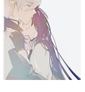 1boy 1girl chinese_commentary close-up closed_eyes commentary_request couple fingerless_gloves from_side glasses gloves grey_background hair_between_eyes hair_down head_on_another's_shoulder highres hollning honkai_(series) honkai_impact_3rd jacket kevin_kaslana leaning_on_person long_hair looking_to_the_side mei_(honkai_impact) purple_eyes purple_hair simple_background white_hair