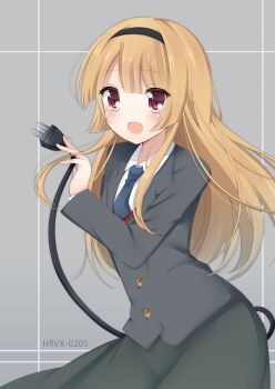 1girl :d bad_id bad_pixiv_id blush brown_hair female_focus hairband holding kobeni_hijiko kzom long_hair necktie open_mouth original plug skirt smile solo