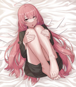 Rule 34 | 1girl, arknights, barefoot, feet, hands on own knees, highres, lemuen (arknights), long hair, looking at viewer, parted lips, pink eyes, pink hair, riaa, toes