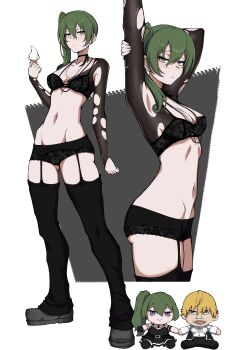 1girl absurdres alternate_costume arm_up armpits black_bra black_choker black_garter_belt black_garter_straps black_panties blonde_hair bra breasts character_doll choker chudjak commentary doll eyelashes food full_body garter_belt garter_straps glasses green_hair half-closed_eyes highres hip_bones holding holding_ice_cream_cone ice_cream ice_cream_cone jewelry jitome kekel lace lace_bra land_(sousou_no_frieren) light_frown looking_at_viewer medium_breasts multiple_views navel necklace panties purple_eyes soft_serve sousou_no_frieren stuffed_toy thighs torn_clothes ubel_(sousou_no_frieren) underwear