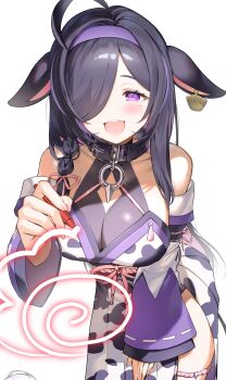 1girl ahoge animal_ears animal_print bare_shoulders belt_collar black_collar black_hair blush braid breasts cleavage_cutout clothing_cutout collar colored_inner_hair commentary cow_ears cow_girl cow_print cow_tail cowboy_shot detached_sleeves drawing_(action) drawing_on_fourth_wall ear_tag hair_over_one_eye hair_ribbon hairband half-closed_eyes hanamaru highres holding holding_pen isami_mocochi japanese_clothes kimono large_breasts leaning_forward long_hair long_sleeves looking_at_viewer mole mole_under_eye multicolored_hair nijisanji obi obijime one_eye_covered open_mouth parted_bangs pen pink_ribbon print_kimono purple_eyes purple_hair purple_hairband purple_sleeves ribbon ribbon-trimmed_sleeves ribbon_trim sash see-through_cleavage see-through_clothes side_braid side_slit sidelocks simple_background single_braid smile solo standing streaked_hair symbol-only_commentary tail tassel thigh_strap virtual_youtuber white_background wide_sleeves yagyu_shino