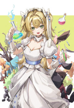 1girl :o absurdres arm_warmers blonde_hair book bottle bow breasts cleavage cowboy_shot dress flask floating green_eyes hair_bow hands_up highres holding holding_bottle holding_test_tube long_dress long_hair looking_at_viewer medium_breasts official_alternate_costume open_book open_mouth potion puffy_short_sleeves puffy_sleeves reverse:1999 round-bottom_flask short_sleeves smoke solo sotheby stuffed_toy teeth test_tube two-tone_background two_side_up upper_teeth_only white_background white_bow white_dress xun_li_eins yellow_background