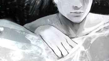 1boy aegyo_sal angela_he black_background eyes_out_of_frame facing_viewer game_cg greyscale head_out_of_frame highres i_woke_up_next_to_you_again large_variant_set looking_at_viewer lying male_focus monochrome non-web_source official_art on_side painterly pillow simple_background toned toned_male under_covers upper_body variant_set