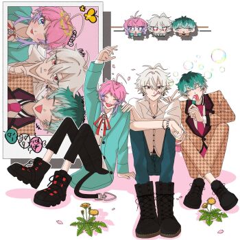 Rule 34 | +++, 3boys, :3, ;d, ;p, adam's apple, ahoge, amemura ramuda, ankle boots, antenna hair, aohitsugi samatoki, aqua coat, aqua hair, arm on knee, arm up, belt, belt buckle, black belt, black boots, black pants, black shoes, black trim, blowing bubbles, blue eyes, blue pants, blush, boots, bottle, buckle, bug, butterfly, capri pants, captive bead ring, character-themed food, character name, choppy bangs, closed eyes, coat, collared shirt, commentary, contrast collar, contrast lapels, cowlick, crossed ankles, dandelion, dango, denim, doodle inset, dress shoes, drop shadow, ear piercing, earrings, eating, elbows on knees, eyelashes, falling petals, fang, fingernails, flower, food, formal clothes, full body, grin, group picture, hair between eyes, hand on another's shoulder, head wreath, heart, heart-shaped buckle, highres, holding, holding bottle, holding food, hood, hooded coat, houndstooth, hypnosis mic, insect, jacket, jeans, jewelry, knees up, lace-up boots, lapels, light smile, long sleeves, looking at viewer, male focus, multicolored hair, multiple boys, multiple piercings, multiple views, neck ribbon, necklace, necktie, nurude sasara, one eye closed, open clothes, open coat, open mouth, orange jacket, orange pants, orange suit, outline, pale skin, pants, parted bangs, parted lips, patterned clothing, petals, piercing, pink hair, pink petals, piyo pyococh1, polaroid photo, purple hair, red eyes, red necktie, red ribbon, ribbon, sanshoku dango, shadow, shirt, shoes, short hair, short hair with long locks, short sleeves, side-by-side, simple background, sitting, smile, straight-on, stud earrings, suit, suit jacket, tongue, tongue out, triangle necklace, twitter username, two-tone hair, unmoving pattern, unusually open eyes, v, v-shaped eyebrows, v over mouth, very short hair, wagashi, watermark, watermark grid, white background, white hair, white outline, white shirt, yellow eyes, yellow flower