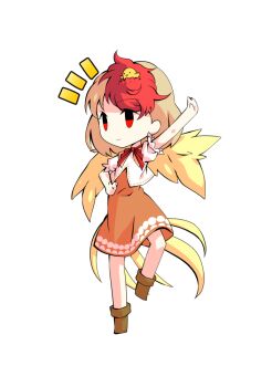 1girl animal animal_on_head baby_animal bird bird_tail blonde_hair boots brown_boots chibi chibi_only chick commentary_request dairi dress feathered_wings full_body large_variant_set multicolored_hair neckerchief niwatari_kutaka on_head orange_dress puffy_short_sleeves puffy_sleeves red_hair red_neckerchief shirt short_hair short_sleeves solo standing standing_on_one_leg tachi-e tail touhou transparent_background two-tone_hair variant_set white_shirt wings