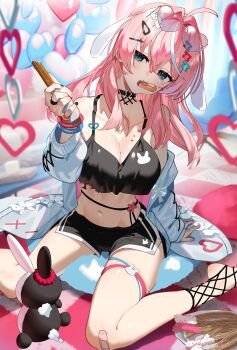 1girl absurdres balloon bare_shoulders bell black_nails black_shorts blue_eyes breasts cleavage dolphin_shorts eyewear_on_head fishnet_socks fishnets food food_on_face hair_between_eyes hair_ornament hand_up heart heart-shaped_eyewear heart_balloon highres holding holding_food indie_virtual_youtuber jacket large_breasts long_hair long_sleeves looking_at_viewer mixed-language_commentary mouth_hold navel neck_bell open_clothes open_jacket open_mouth pink_hair sakuragi_meu scottie_(phantom2) second-party_source short_shorts shorts sitting skindentation socks stomach thigh_strap virtual_youtuber
