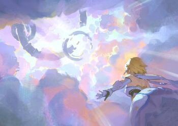 1girl absurdres bare_shoulders blonde_hair cloud cloudy_sky ddal dress flower from_behind from_below genshin_impact gloves hair_flower hair_ornament highres light_rays lumine_(genshin_impact) outdoors short_hair sky solo white_dress