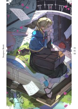1girl backlighting backpack bag bag_on_lap black_robe blonde_hair blue_capelet book bow bracelet braid brown_bag capelet capri_pants choker clenched_hands commentary copyright_name dated dungeon_meshi falling_paper falling_petals hair_bow half_updo head_rest highres hood hooded_capelet house illuminae jewelry long_hair looking_to_the_side marcille_donato multiple_hair_bows open_book pants pants_under_dress petals pillarboxed pointy_ears profile purple_petals red_bow red_choker river robe sandals scenery sitting_on_book size_difference solo_focus symbol-only_commentary three-quarter_sleeves tunnel twin_braids walking_mushroom_(dungeon_meshi) water waterfall white_pants