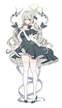 1girl absurdres alternate_costume alternate_hairstyle ash_(cat7evy) blue_archive bow bowtie breasts cleavage flower_halo full_body green_halo halo hazel_eyes high_heels highres miyo_(blue_archive) simple_background white_background white_bow