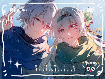 Rule 34 | 1boy, 1girl, absurdres, alternate costume, battery indicator, black hairband, black sweater, blue eyes, blue pupils, blue scarf, closed mouth, coat, commentary request, fake screenshot, firefly (honkai: star rail), gradient hair, green scarf, grey hair, hairband, hand up, highres, honkai: star rail, honkai (series), long hair, looking at viewer, luxilbb, multicolored hair, outdoors, parted lips, phainon (honkai: star rail), portrait, purple eyes, recording, scarf, short hair, side-by-side, smile, snowing, sweater, turtleneck, turtleneck sweater, v, viewfinder, winter clothes, yellow pupils