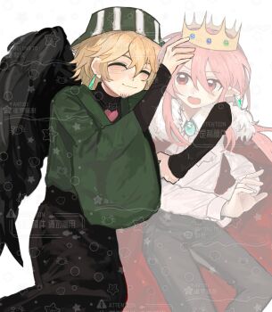 Rule 34 | 2boys, 3327733341, androgynous, animification, ascot, bird wings, bishounen, black wings, blonde hair, blush, brooch, bucket hat, cape, chinese commentary, closed eyes, commentary request, crown, dream smp, earrings, fang, fur-trimmed cape, fur trim, ghost, green kimono, hat, highres, humanization, japanese clothes, jewelry, kimono, long hair, male focus, minecraft youtube, multiple boys, open mouth, ph1lza, pink hair, pointy ears, red cape, red eyes, shirt, short hair, simple background, single earring, smile, striped clothes, striped hat, striped headwear, technoblade, too many watermarks, variant set, vertical-striped clothes, vertical-striped headwear, watermark, white ascot, white background, white shirt, wide sleeves, wings