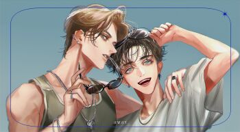 2boys absurdres alain_saverio black_hair blue_eyes bracelet brown_eyes brown_hair chain earrings eyewear_in_mouth eyewear_on_head green_tank_top hand_on_another&#039;s_shoulder haruka_tooki_ie hayden_stewart highres holding holding_removed_eyewear jewelry looking_at_viewer mouth_hold mukashi95 multiple_boys necklace ring shirt smile sunglasses tank_top unworn_eyewear white_shirt wispy_bangs