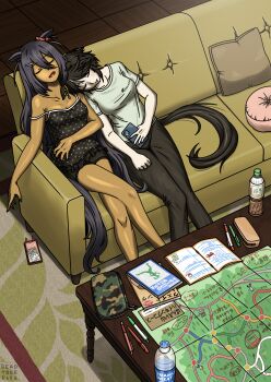 2girls absurdres alternate_costume animal_ears arm_rest bare_arms bare_shoulders bike_shorts black_hair bottle breasts camisole casual cellphone chiikawa cleavage clock closed_eyes closed_mouth commentary_request couch crossed_legs dark-skinned_female dark_skin digital_clock ear_ornament ear_scrunchie fang frills from_above fuji_kiseki_(umamusume) grey_hair hachiware_(chiikawa) hair_between_eyes hair_ornament hairclip head_on_another's_shoulder head_tilt highres hishi_amazon_(umamusume) holding holding_phone horse_ears horse_girl horse_tail indoors jewelry kareeda_(deadtree5656) leaning_back leaning_on_person leaning_to_the_side long_hair map medium_breasts multicolored_hair multiple_girls nib_pen_(object) on_couch open_mouth pale_skin pants pen phone pillow plastic_bottle scrunchie shirt short_sleeves sitting sleeping sleeping_on_person sleeping_upright slice_of_life smartphone strap_slip t-shirt table tail taut_clothes taut_shirt two-tone_hair umamusume very_long_hair water_bottle yuri