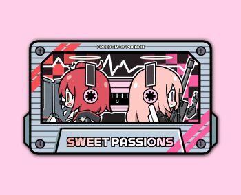 2girls adoptive_siblings arknights black_jacket blush cassette_tape closed_mouth english_text exusiai_(arknights) exusiai_the_new_covenant_(arknights) from_side gun halo headphones highres jacket lemuen_(arknights) long_hair looking_ahead malrangdonut medium_hair multiple_girls one_side_up open_mouth orange_eyes pink_background pink_hair red_hair rifle simple_background smile sniper_rifle traditional_halo upper_body weapon wheelchair