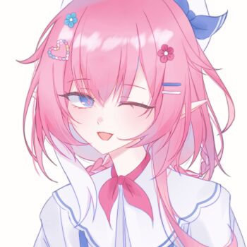 1girl ;o cyrene_(honkai:_star_rail) cyrene_(philia093)_(honkai:_star_rail) cyrene_(philia093)_(keeping_promise)_(honkai:_star_rail) flower hair_flower hair_ornament hairclip hashtag-only_commentary highres honkai:_star_rail honkai_(series) kay0127 multicolored_hair official_alternate_costume one_eye_closed pink_hair pointy_ears shirt simple_background solo two-tone_hair upper_body white_background white_hair white_shirt