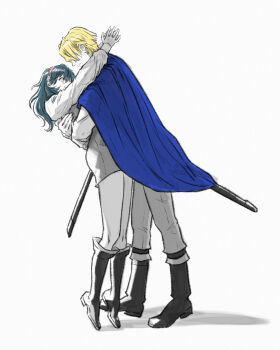 1boy 1girl blonde_hair blue_cape blue_hair blush boots cape closed_mouth couple dimitri_alexandre_blaiddyd female_byleth_(fire_emblem) fire_emblem fire_emblem:_three_houses full_body garreg_mach_monastery_uniform hair_over_eyes hairband height_difference hetero highres hug knee_boots long_hair long_sleeves looking_at_another nintendo official_alternate_costume pink_hairband qiqi_llin short_hair simple_background standing tiptoes white_background
