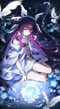 1girl absurdres bare_shoulders barefoot bird blue_flower chromatic_aberration closed_mouth columbina_(genshin_impact) commentary dress fingernails flower genshin_impact hair_intakes hair_ornament highres long_hair moon purple_eyes purple_hair reflection sitting smile solo toes uxien very_long_hair white_bird white_dress wing_hair_ornament yokozuwari